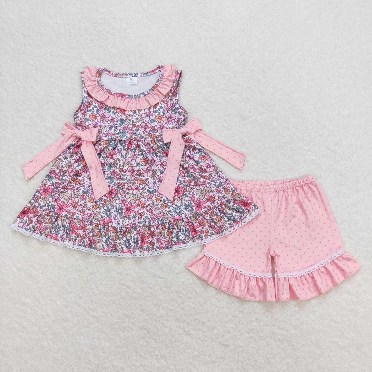 GSSO0789 Flowers Tunic Top Dots Shorts Girls Summer Clothes Set