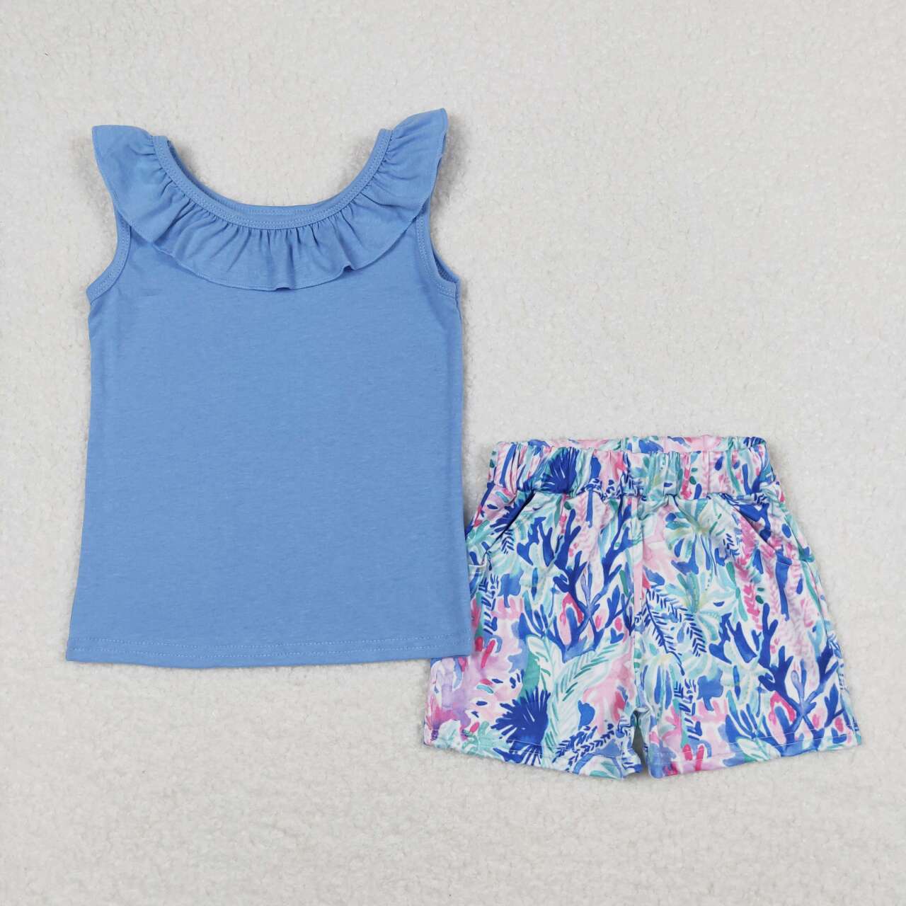 GSSO0812 Blue Top Flowers Shorts Girls Summer Clothes Set