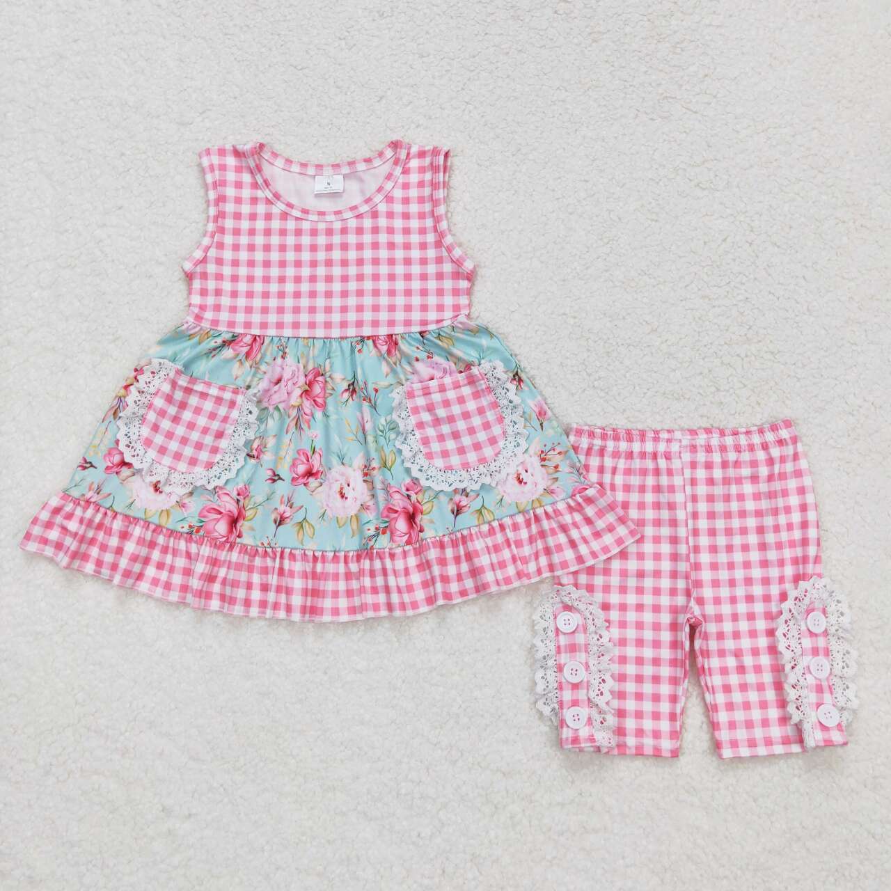 GSSO0851 Flowers Pockets Tunic Top Pink Plaid Shorts Girls Summer Clothes Set