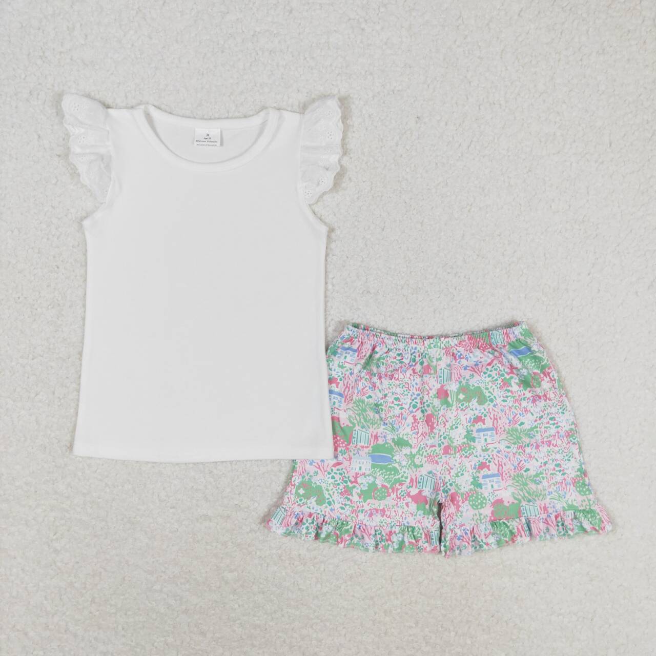 GSSO0888 White Top Green Flowers Shorts Girls Summer Clothes Set