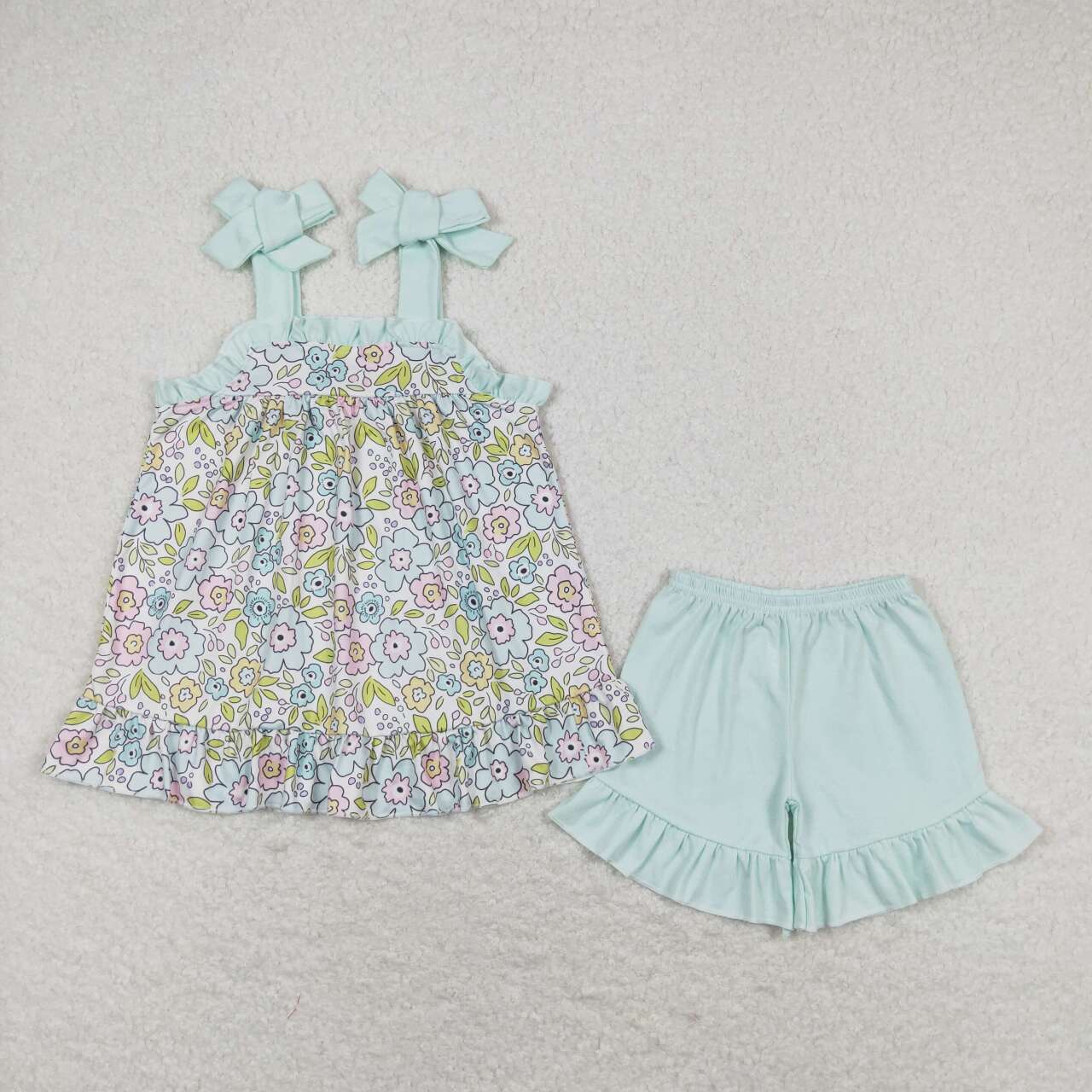 GSSO1018 Flowers Strap Tunic Top Ruffle Shorts Girls Summer Clothes Set