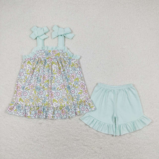 GSSO1018  Flowers Strap Tunic Top Ruffle Shorts Girls Summer Clothes Set