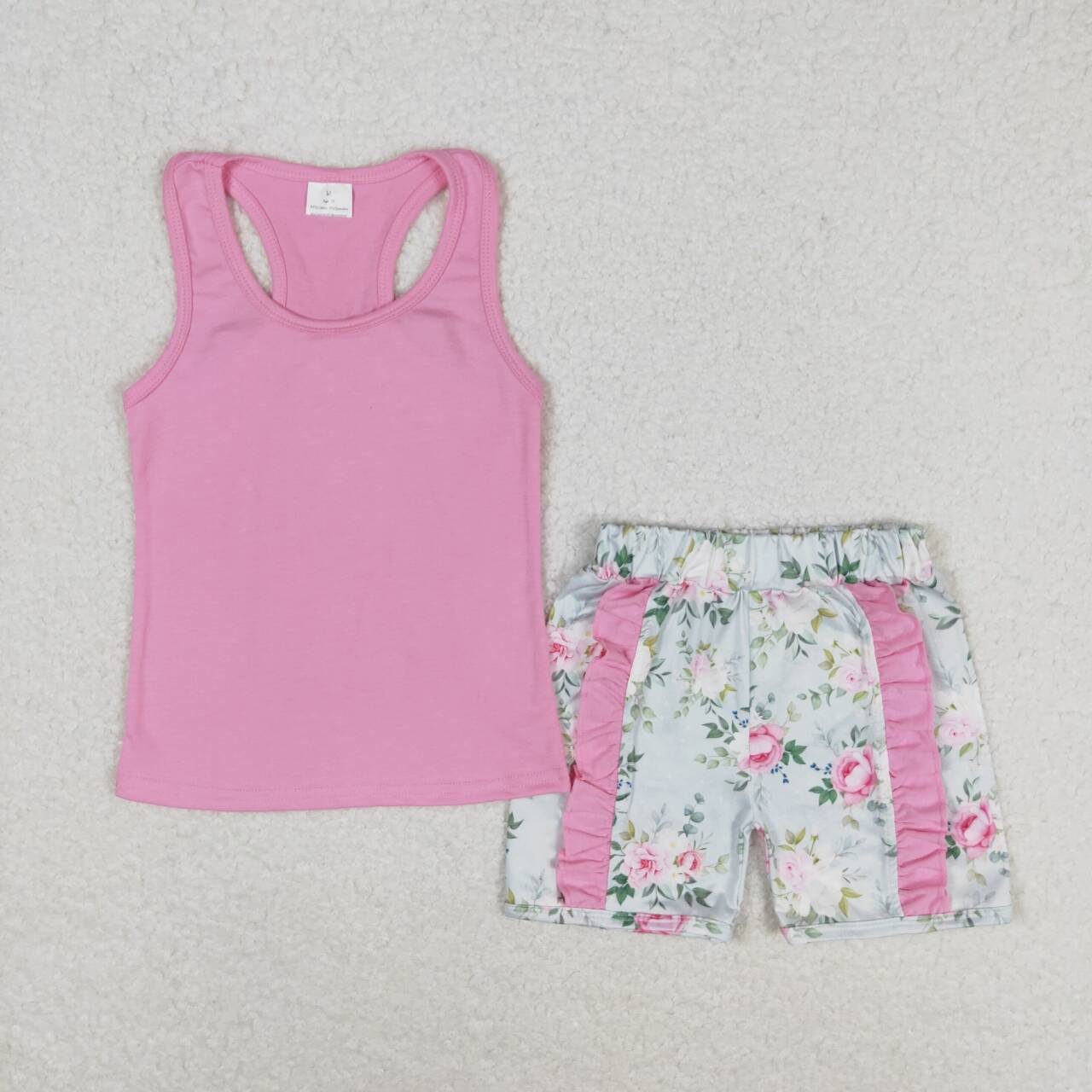 GSSO1059 Pink Tank Top Flowers Shorts Girls Summer Clothes Set