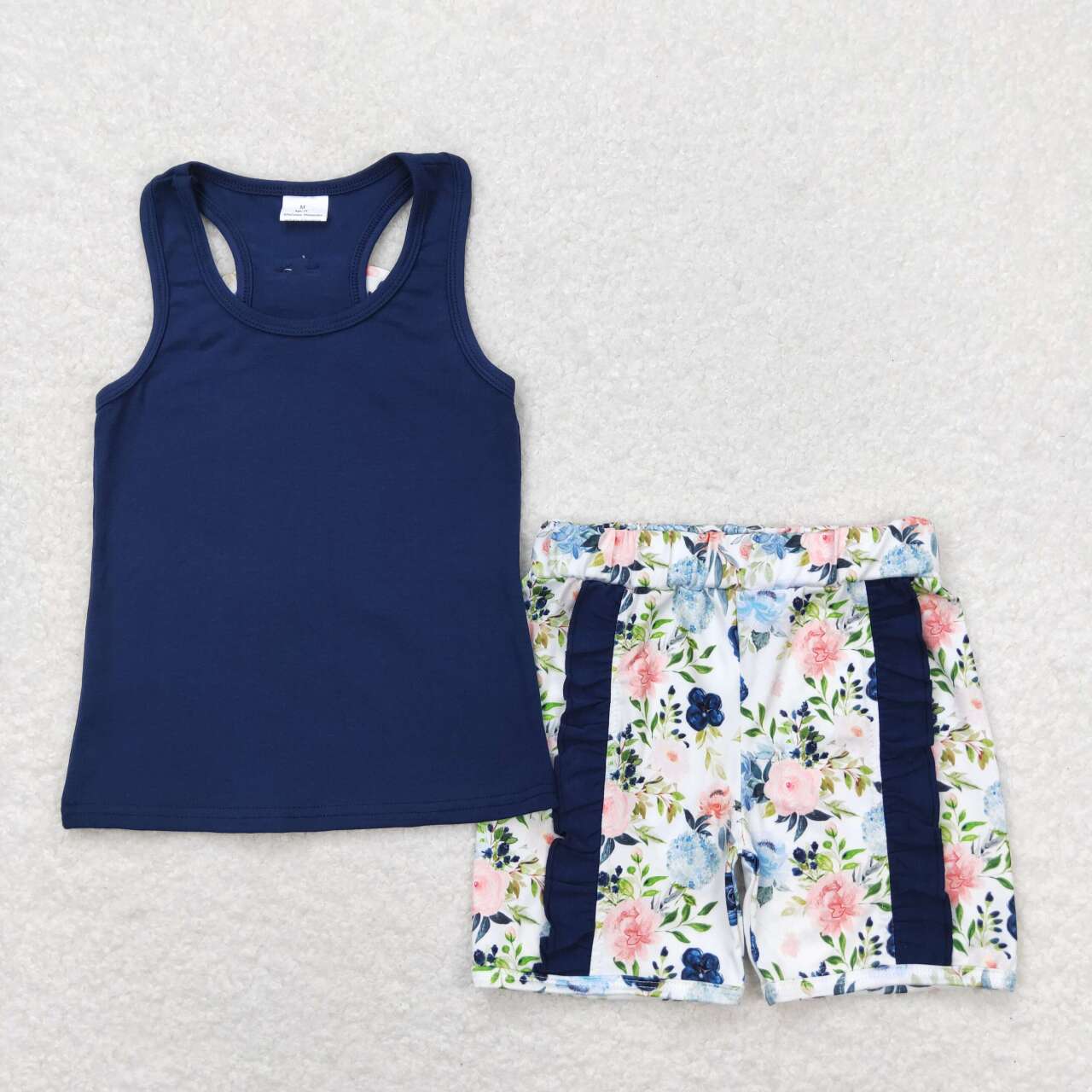 GSSO1062 Navy Tank Top Flowers Shorts Girls Summer Clothes Set