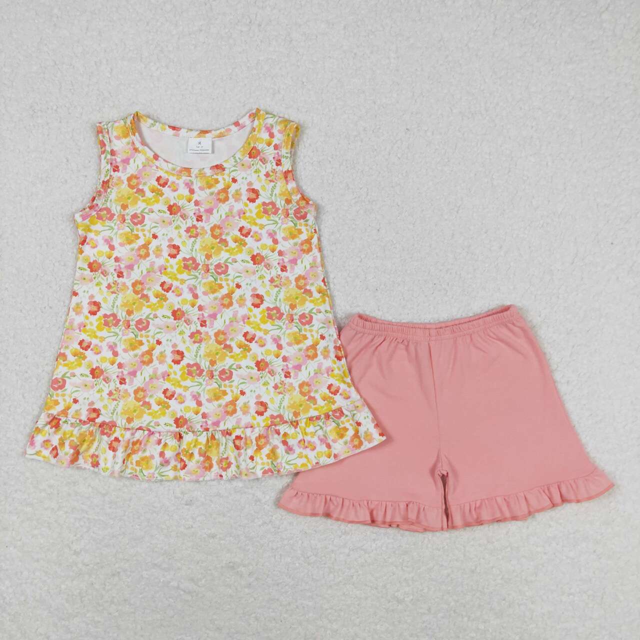 GSSO1135 Mustard Flowers Top Pink Shorts Girls Summer Clothes Set