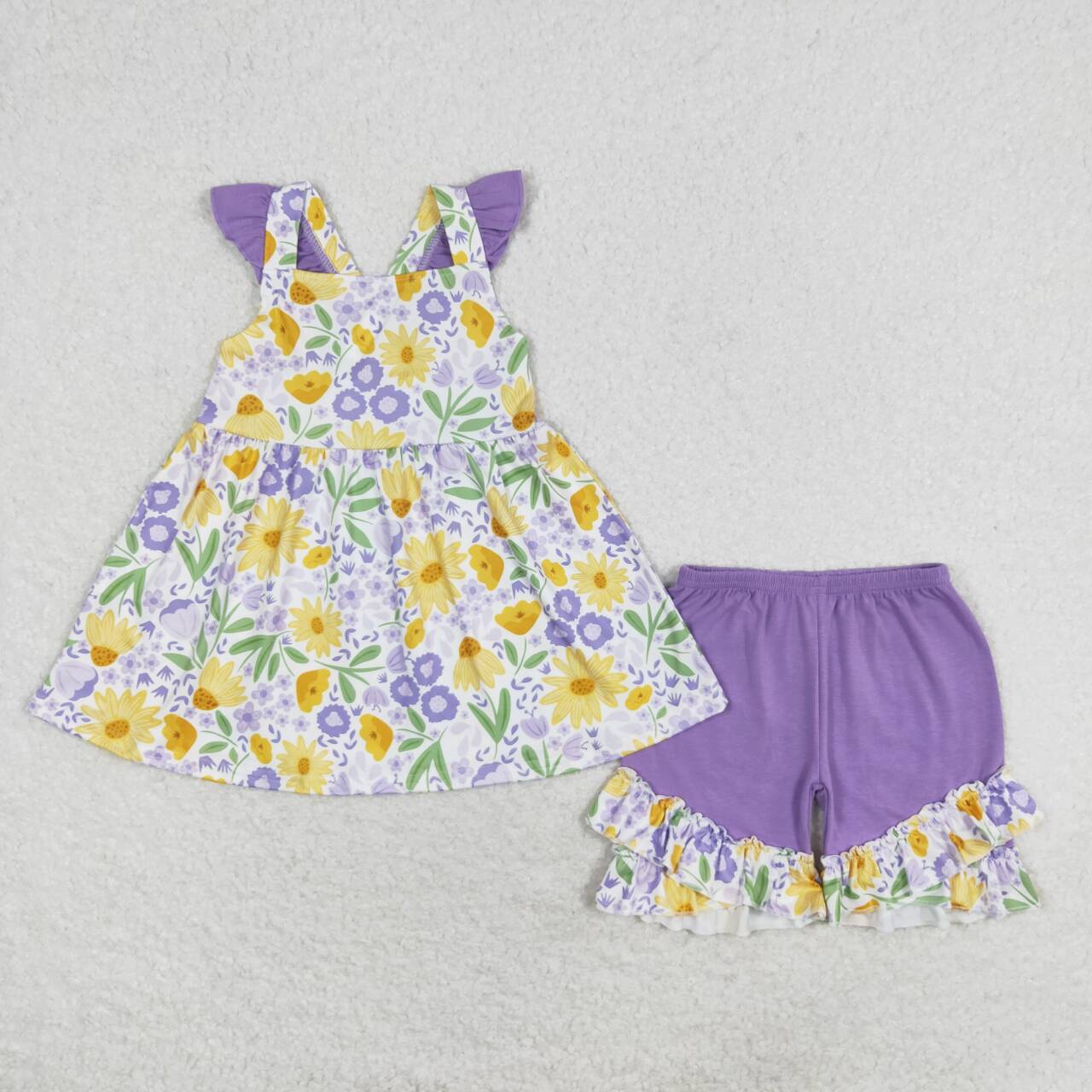 GSSO1177 Flowers Tunic Top Ruffle Shorts Girls Summer Clothes Set