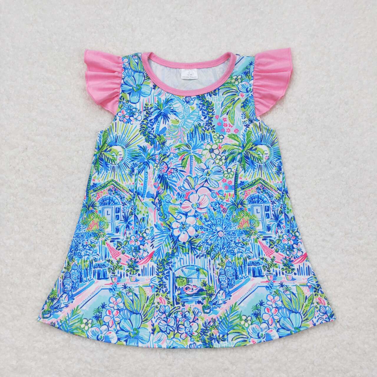 GT0563 Blue Flowers Print Girls Summer Tee Shirts Top