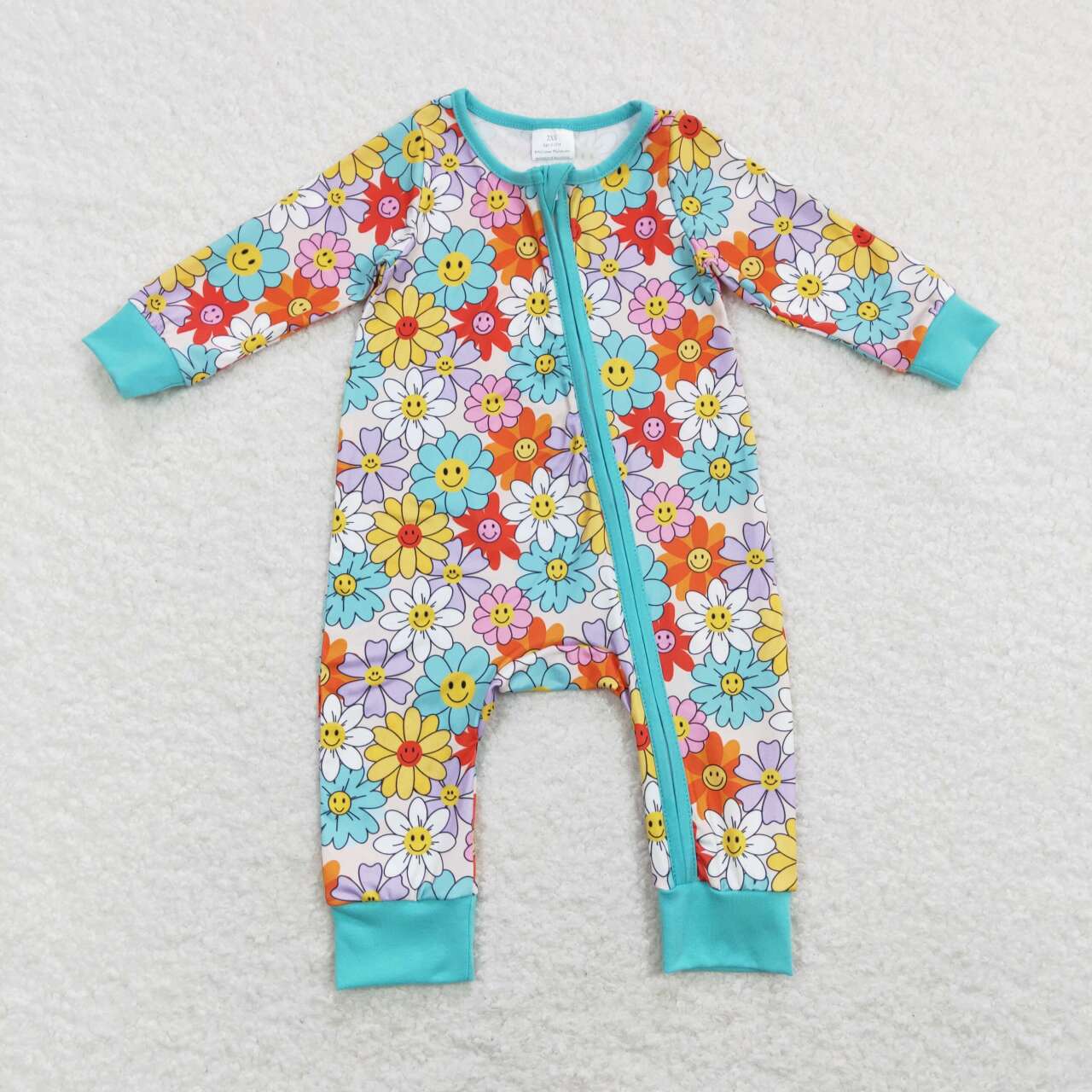 LR0899 Colorful Flowers Smiling Face Print Baby Girls Zipper Romper