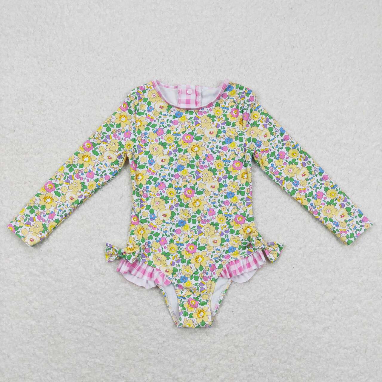 S0191 Yellow Flowers Print 1 Piece Girls Long Sleeve Zipper Swimsuits