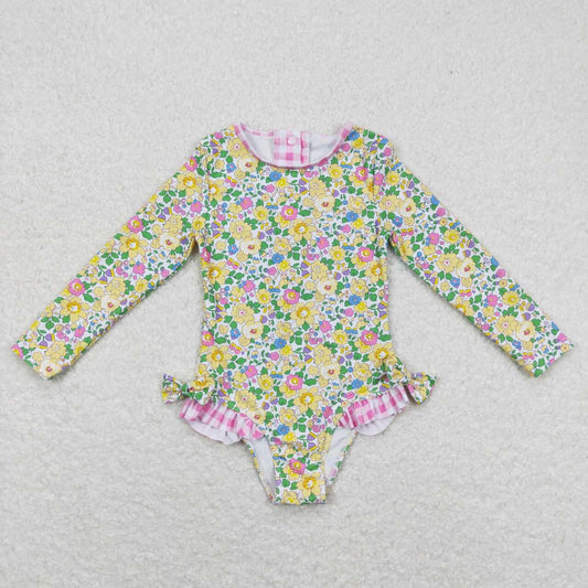 S0191  Yellow Flowers Print 1 Piece Girls Long Sleeve Zipper Swimsuits