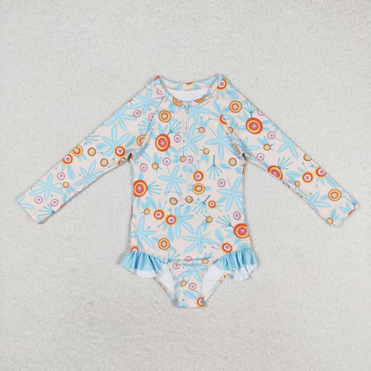 S0242 Flowers Print Girls 1 Piece Long Sleeve Zipper Swimsuits