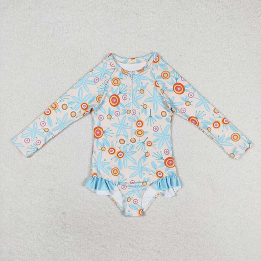 S0242 Flowers Print Girls 1 Piece Long Sleeve Zipper Swimsuits