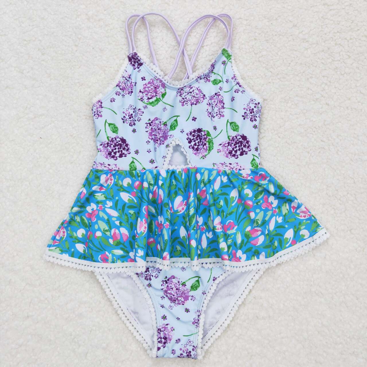S0246 Girls Purple Flowers Print 1 Piece Swimsuits