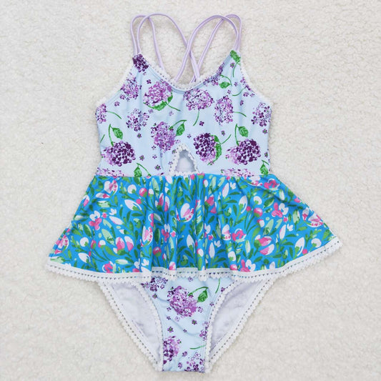 S0246 Girls Purple Flowers Print 1 Piece Swimsuits
