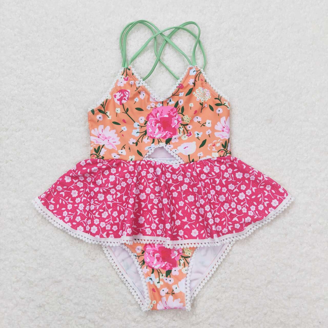 S0249 Girls Flowers Print 1 Piece Swimsuits