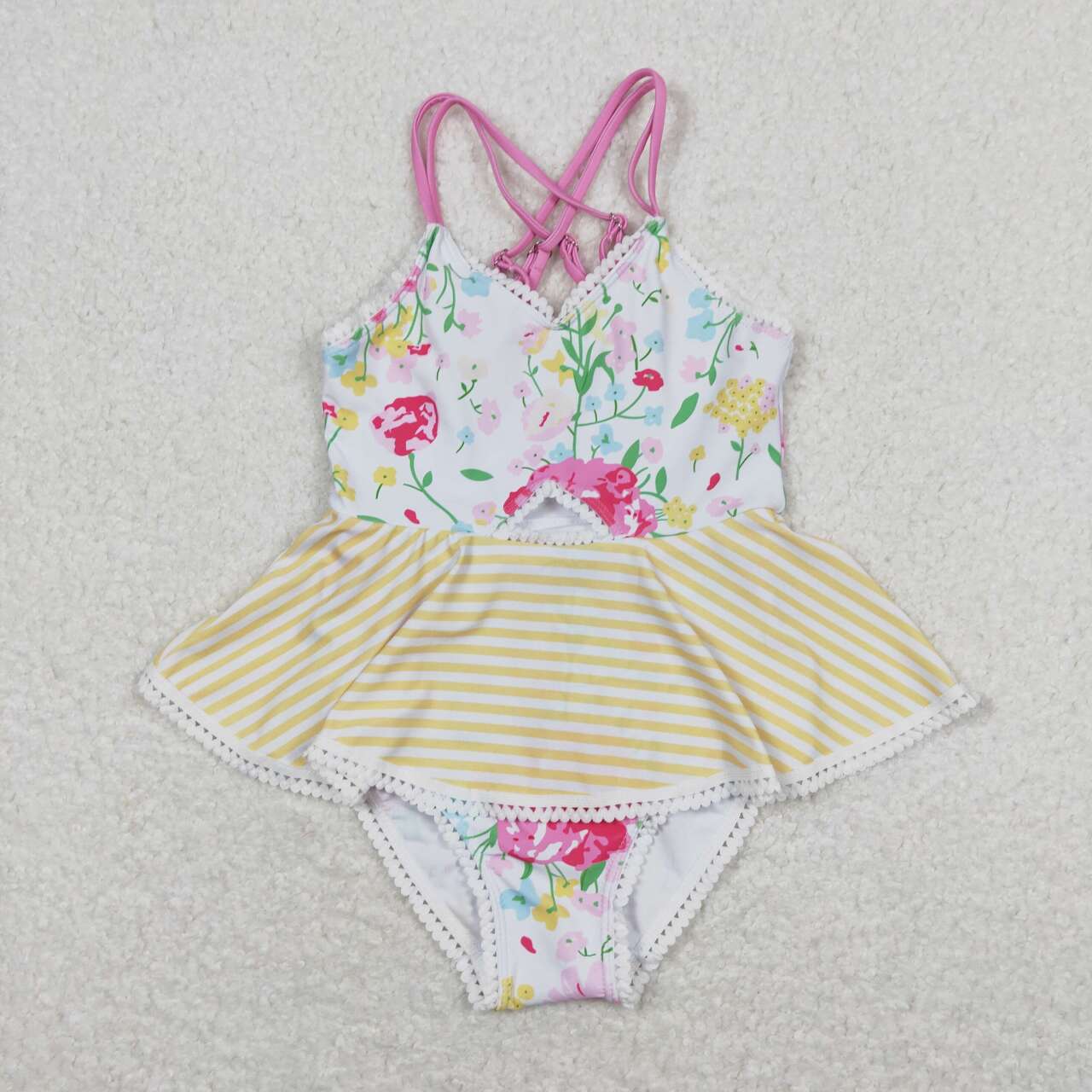 S0250 Girls Flowers Yellow Stripes Ruffle 1 Piece Swimsuits