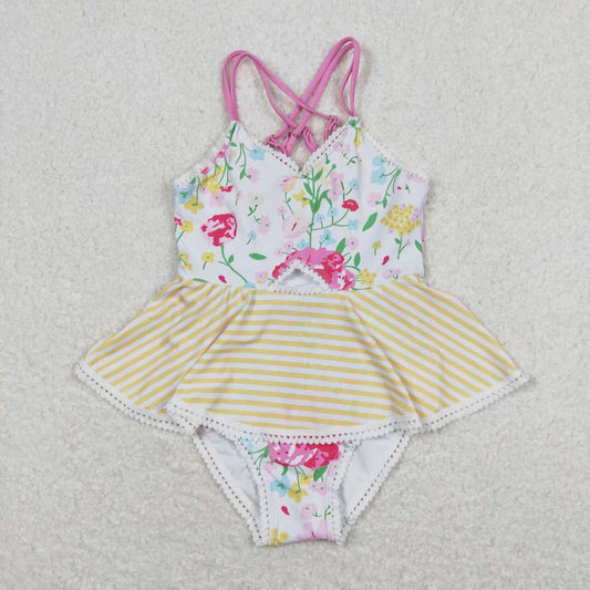 S0250 Girls Flowers Yellow Stripes Ruffle 1 Piece Swimsuits