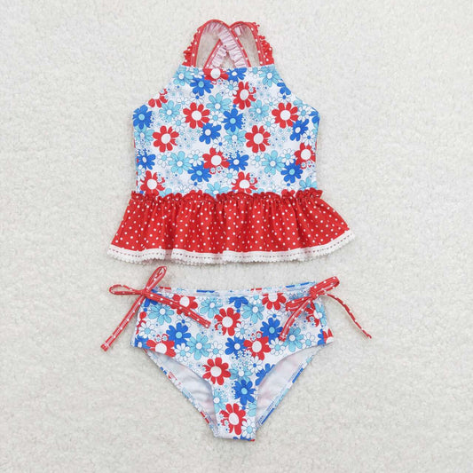 S0253 Flowers Print Girls 2 Pieces 4th of July Swimsuits