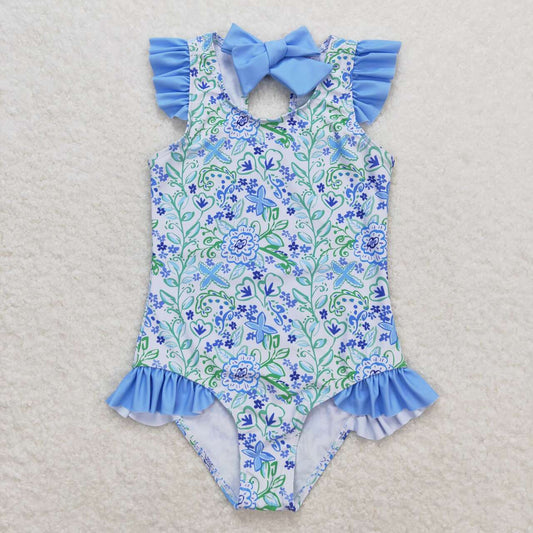 S0278 Flowers Print Girls 1 Piece Swimsuits