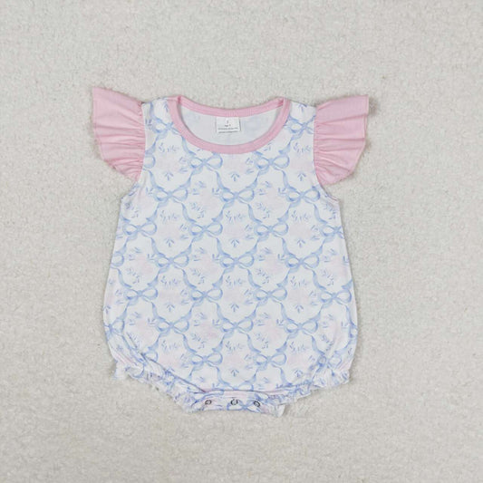 SR1522  Blue Bows Flowers Print Baby Girls Summer Romper