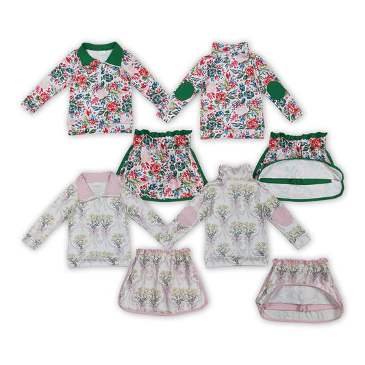 Flowers Print Zipper Top Shorts Skirts Girls Clothes Set Sisters Wear