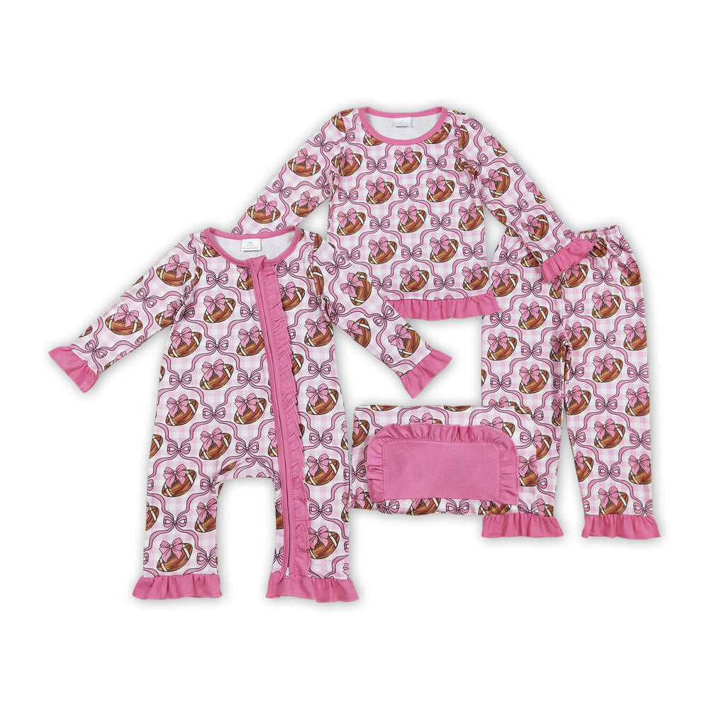 Football Pink Bows Print Girls Pajamas Matching Clothes Sisters Wear