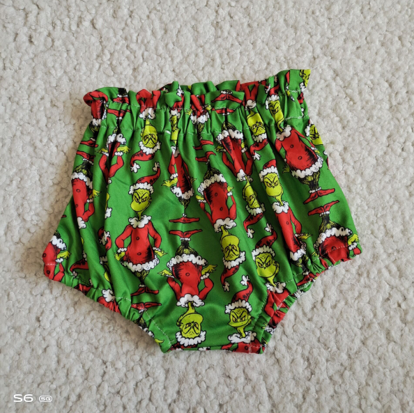 G5-16-3..'; Baby girls green forg Christmas bummie shorts