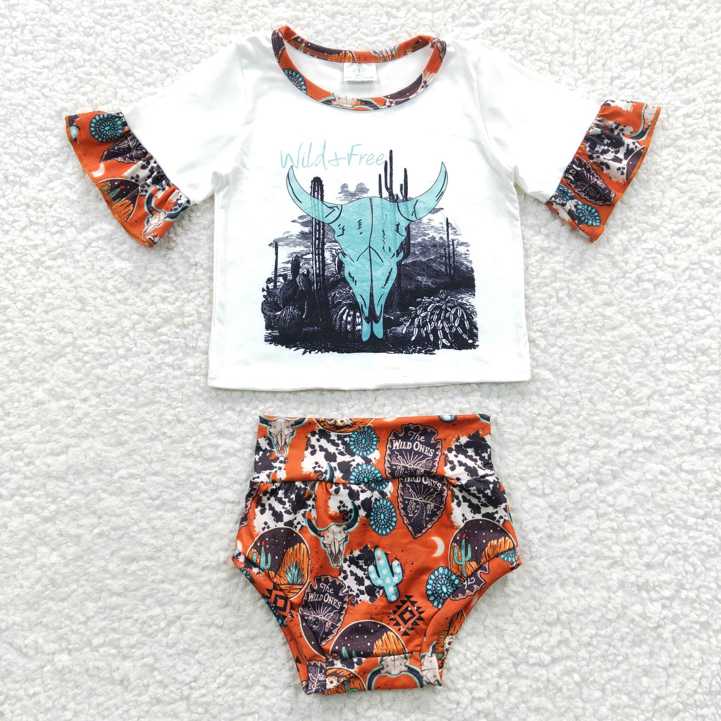 GBO0129 Girls wild free cow skull print western bummie set