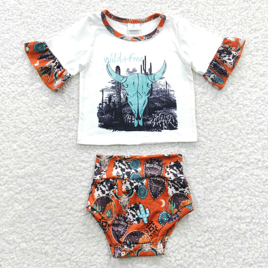 GBO0129 Girls wild free cow skull print western bummie set