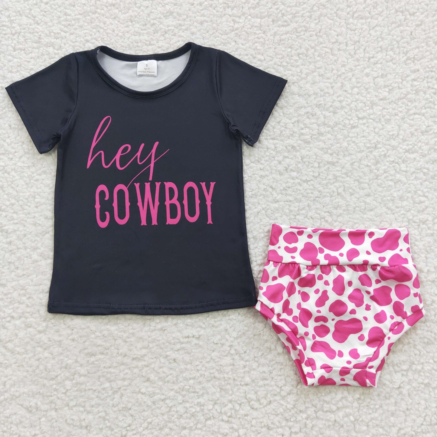GBO0132 Hey cowboy black top pink cow print bummie set