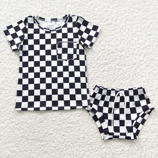 GBO0144 Baby girls black plaid print summer bummie set