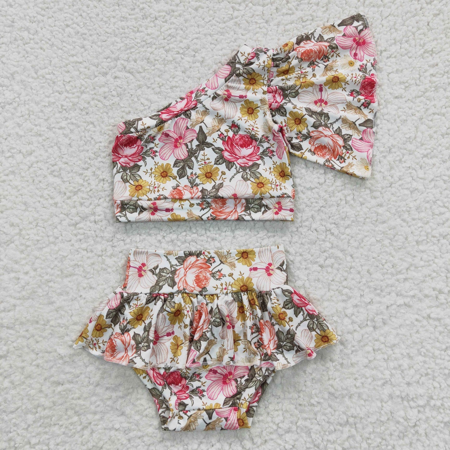 GBO0157 Baby girls one shoulder top flowers print summer ruffles bummie set