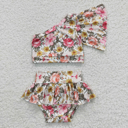 GBO0157 Baby girls one shoulder top flowers print summer ruffles bummie set