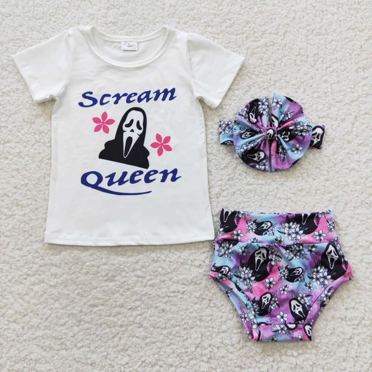 GBO0170 Scream queen baby girls tie dye Halloween bummie set