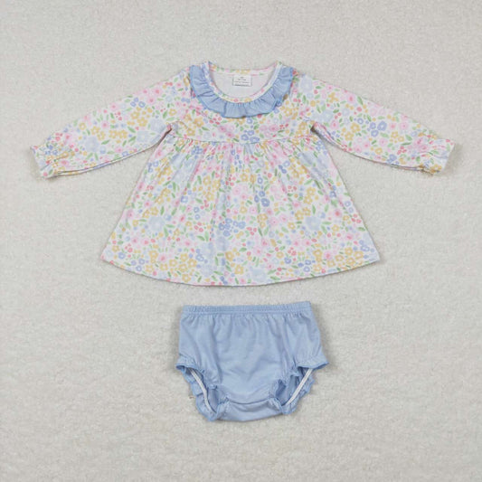 GBO0193 Flowers Tunic Top Light Blue Shorts Girls Bummie Set