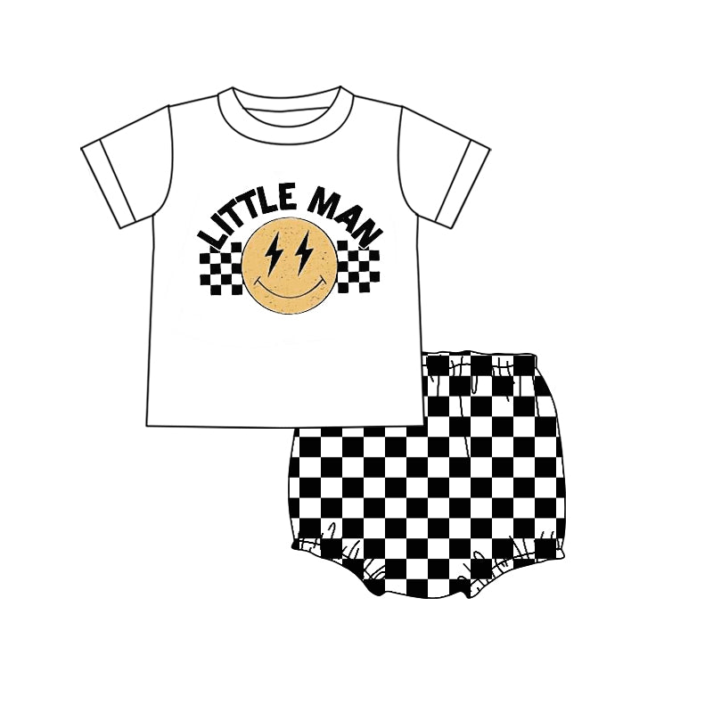 (Pre-order)GBO0202 Little Man Smiling Face Black Plaid Baby Boys Bummie Set