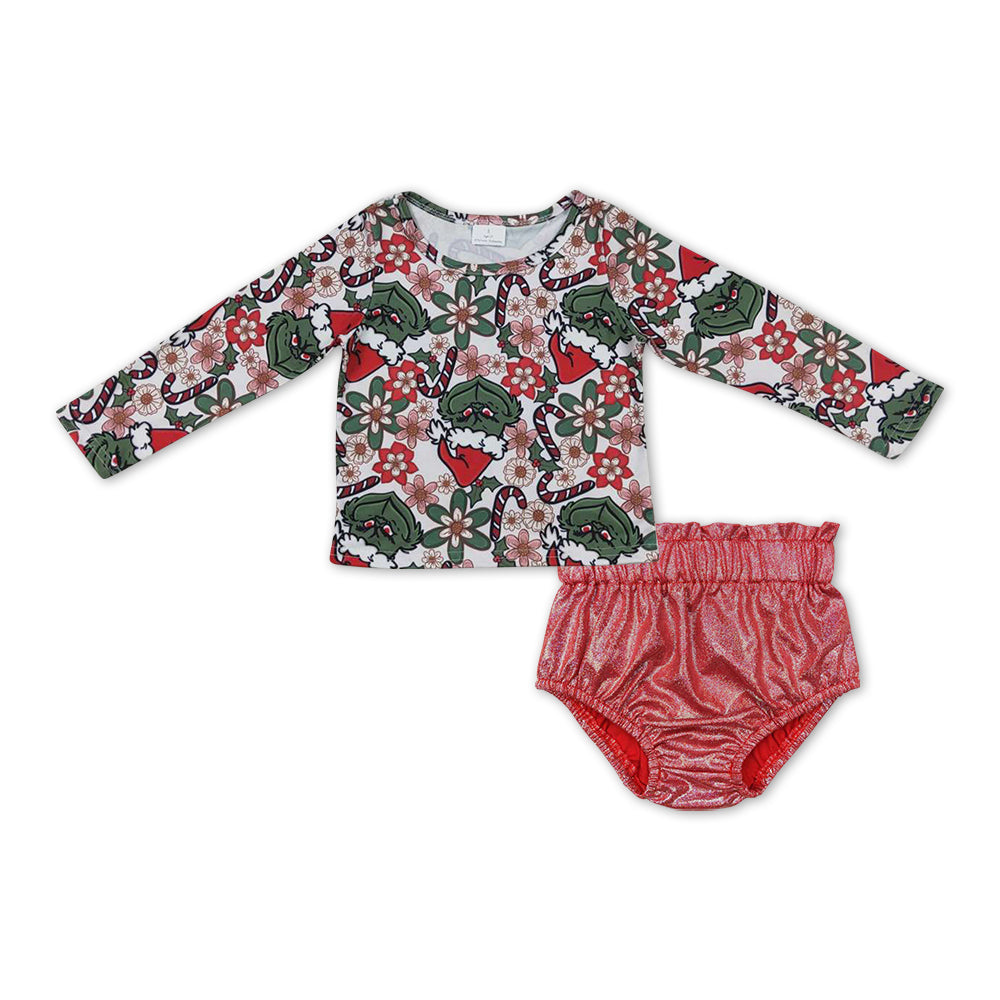GBO0205 Christmas Frog Top Pink Disco Shorts Baby Girls Christmas Bummie Set