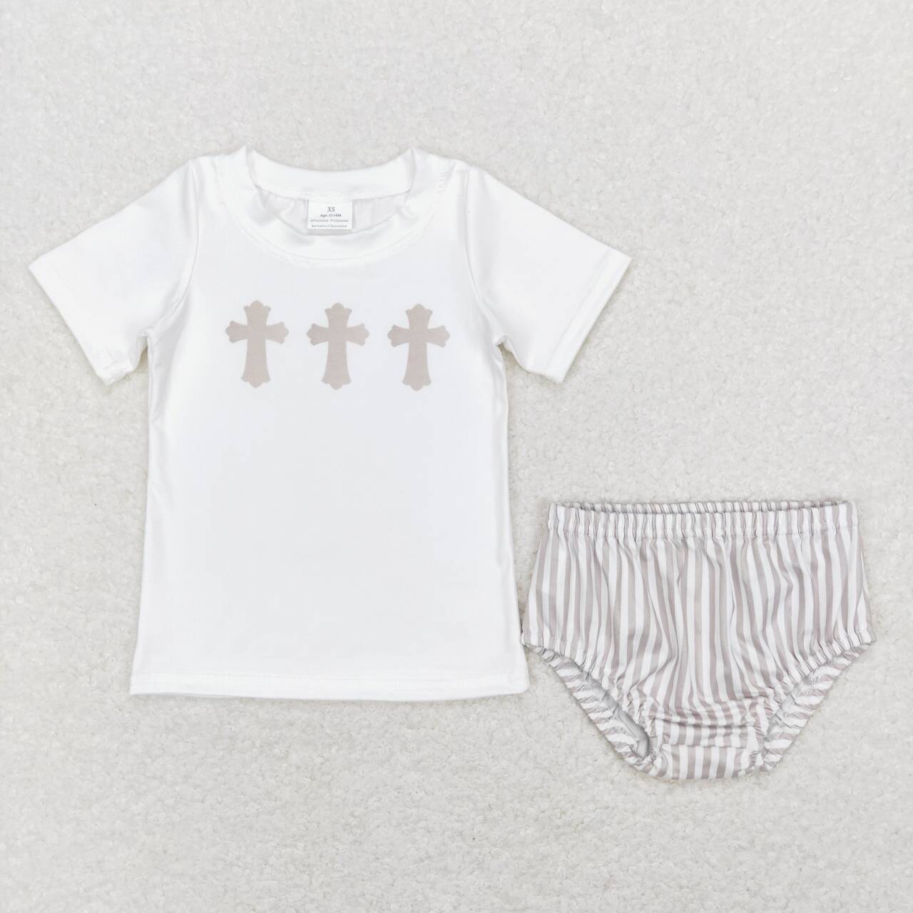 GBO0211 Cross Khaki Stripes Baby Boys Easter Bummie Set