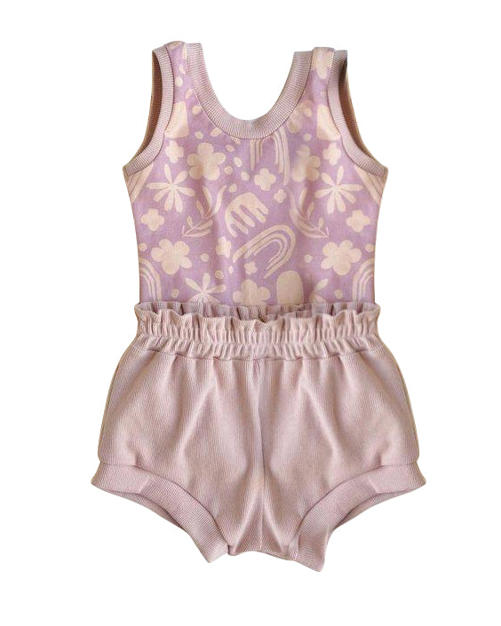 (Pre-order)GBO0216 Pink Flowers Print Baby Girls Bummie Set