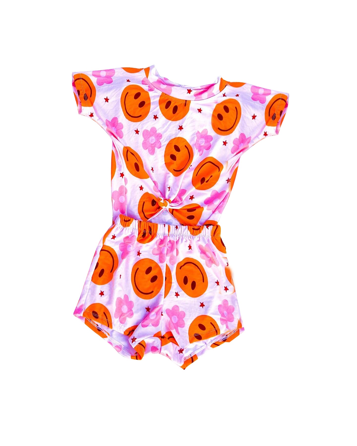 (Pre-order)GBO0220 Pink Flowers Orange Smiling Face Print Baby Girls Bummie Set