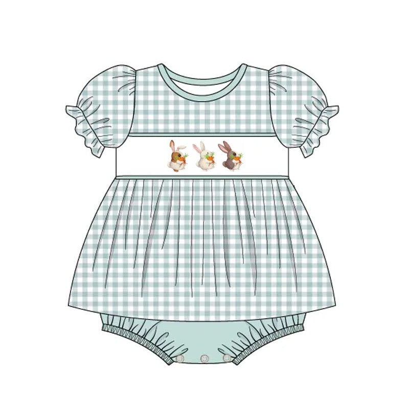 (Pre-order)GBO0229 Bunny Green Plaid Print Tunic Top Baby Girls Easter Bummie Set