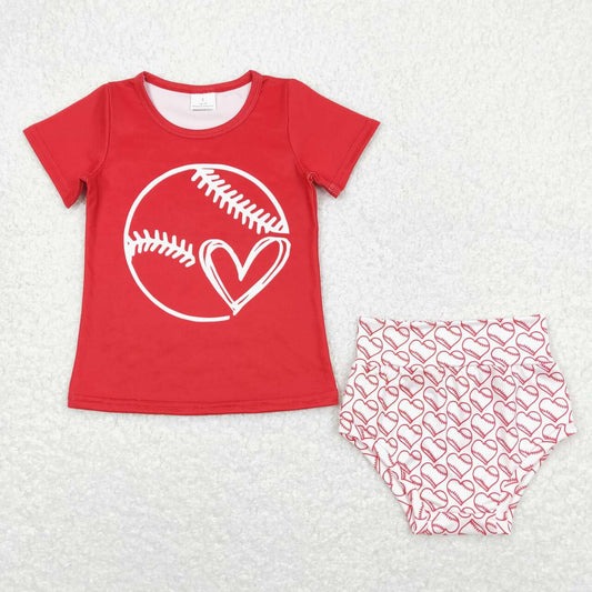 GBO0244 Baseball Heart Print Girls Summer Bummie Set