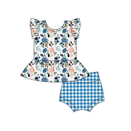 (Pre-order)GBO0252 Blue Flowers Top Plaid Shorts Baby Girls Summer Bummie Set