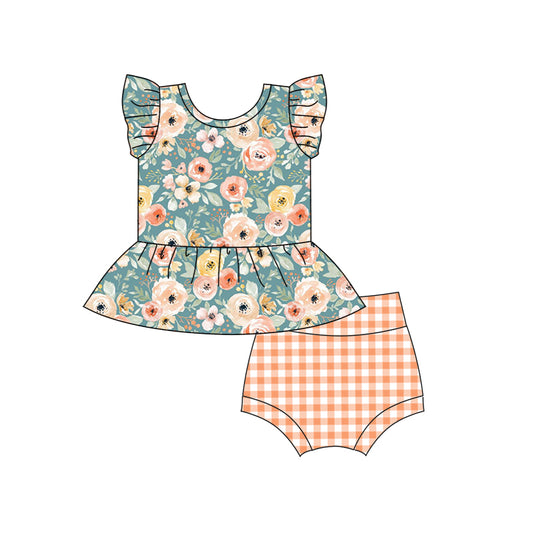(Pre-order)GBO0253 Orange Flowers Top Plaid Shorts Baby Girls Summer Bummie Set