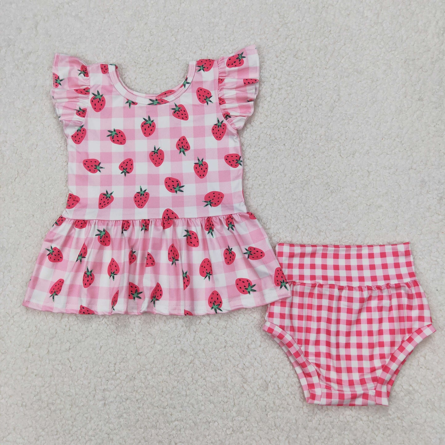 GBO0264 Strawberry Pink Plaid Baby Girls Summer Bummie Set