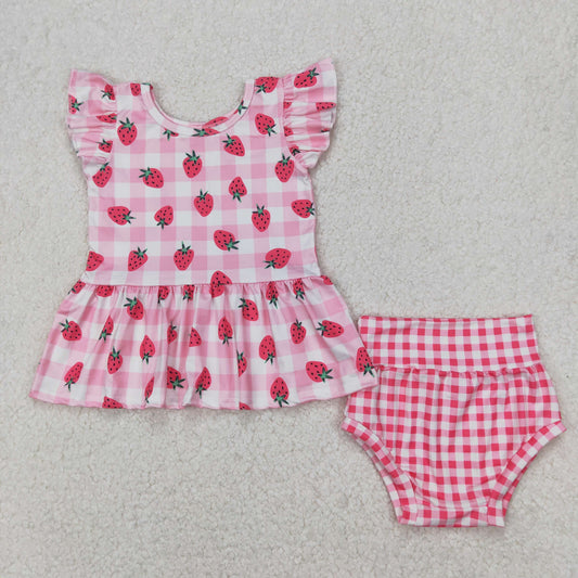 GBO0264 Strawberry Pink Plaid Baby Girls Summer Bummie Set