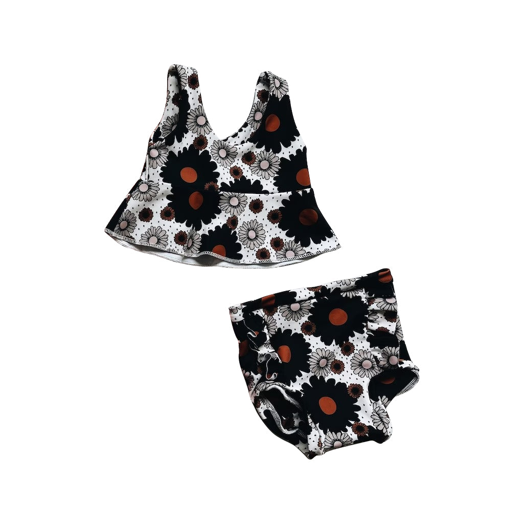 (Pre-order)GBO0324 Black Flowers Print Baby Girls Summer Bummie Set