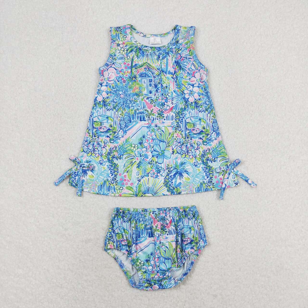 GBO0340 Blue Flowers Baby Girls Summer Bummie Set