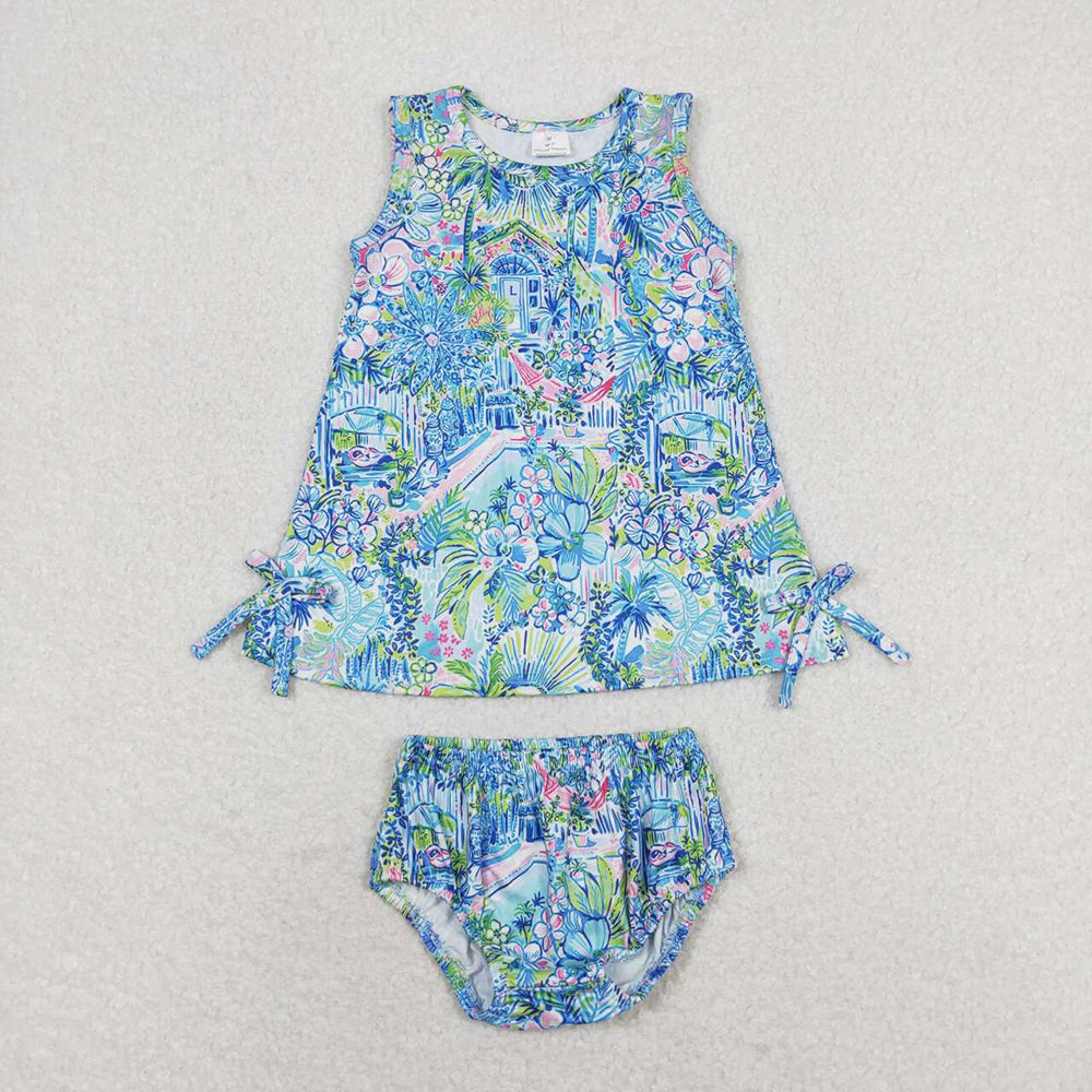 4 Colors Seaweed Print Baby Girls Summer Bummie Set Sisters Wear