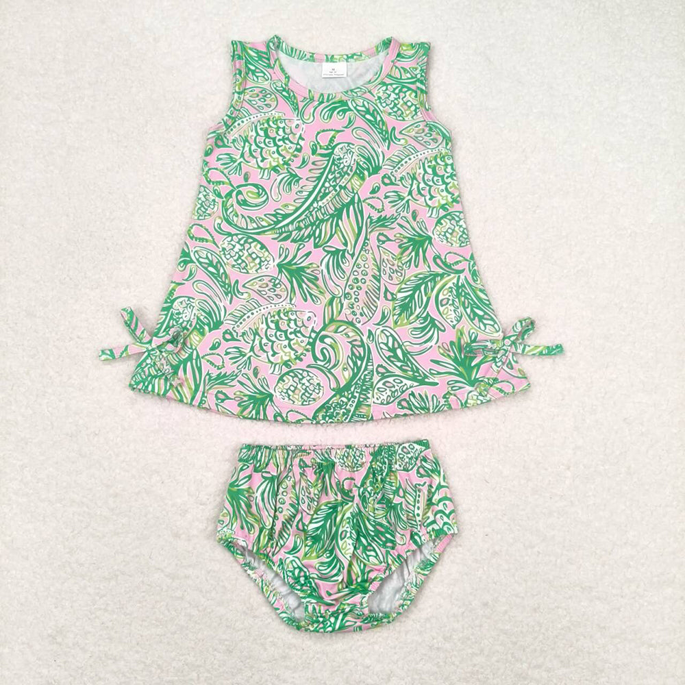 4 Colors Seaweed Print Baby Girls Summer Bummie Set Sisters Wear